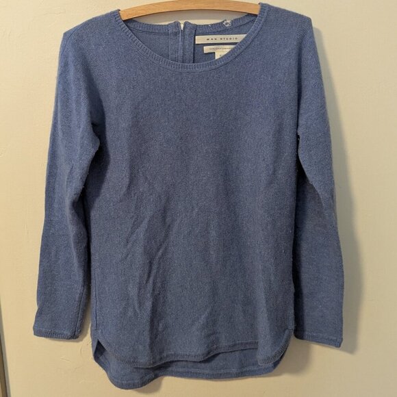 Max Studio 100% Cashmere 2 Ply Crewneck Pull Over Sweater Blue Back Zipper - Picture 2 of 6